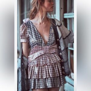LoveShackFancy Lucinda metallic plaid tiered bow mini dress NWT